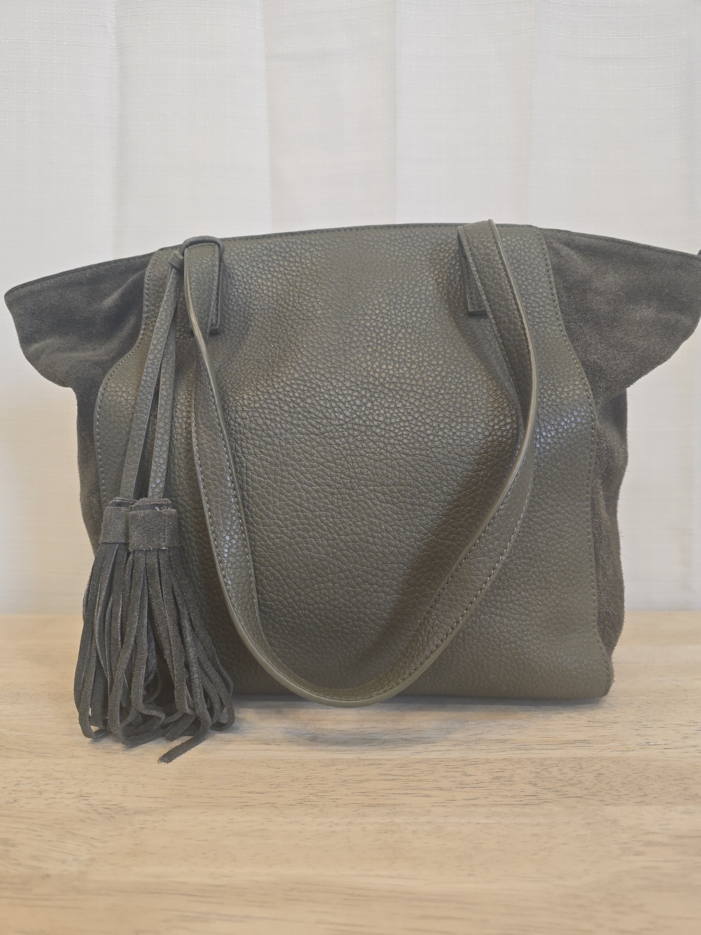 Olive Green Moda Luxe Faux Leather Tote Bag with Tassel